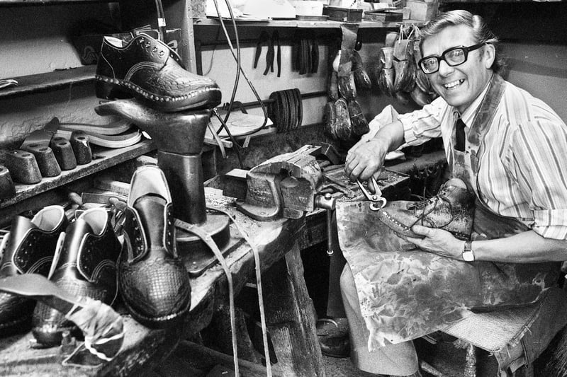 Well known Wigan clogger Walter Hurst busy in his Hindley workshop on Wednesday 20th of July 1983.