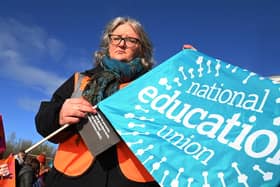 Karen Parkin, Wigan NEU's joint district secretary, on the picket line at Fred Longworth High School during industrial action earlier this year