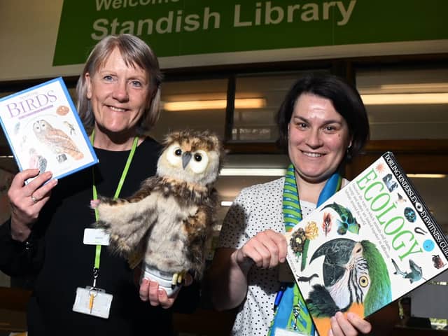 WIGAN - 11-04-23  Jackie Mason and Florantina Miles at Standish Library, are looking forward to the events of Owl Fest, an event on the 29th April 11am-2pm at Standish Library, with owl-themed activities, including an owl trail around Standish from 22nd April, organised by Friends of Standish Library.