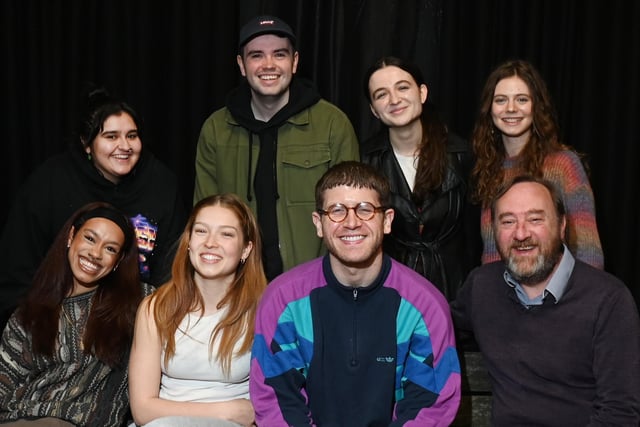 The cast and crew during rehearsals of Frozen Peas in an Old Tin Can, held at The Way theatre studio at Leigh Spinners Mill.