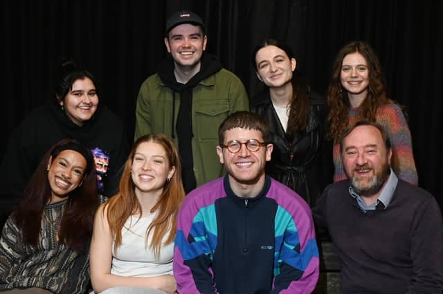 The cast and crew during rehearsals of Frozen Peas in an Old Tin Can, held at The Way theatre studio at Leigh Spinners Mill.