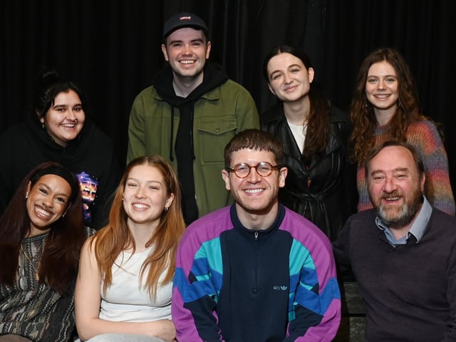 The cast and crew during rehearsals of  Frozen Peas in an Old Tin Can, held at The Way theatre studio at Leigh Spinners Mill.