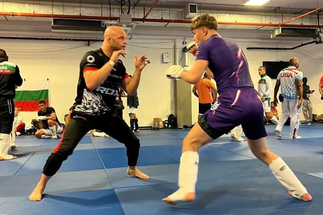 Jack Grundy and Mike Grundy in training