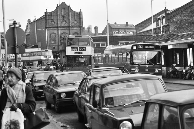 A busy Wigan bus station on Hope Street in February 1981.