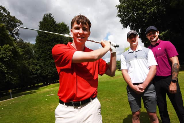 WIGAN - 14-07-22  Wigan Warriors players Harry Smith, and Joe Shorrocks, right, showed their support and joined Ethan Prior, 16, for a round, during his charity golf challenge, 100 holes in one day, at Wigan Golf Club, where he is junior captain, raising funds for Derian House childrens hospice.