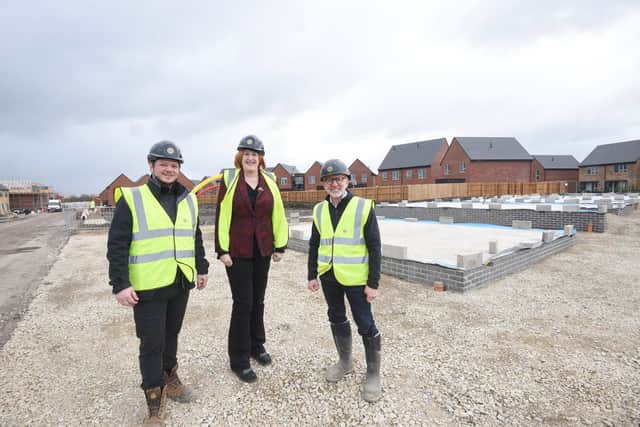 MP Yvonne Fovargue at the new Northstone housing development Tulach with design director Richard O'Brien and operations director Craig Nutter