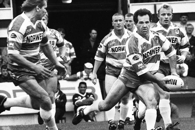 Wigan coach John Dorahy with the ball in Graeme West's testimonial match at Central Park on Sunday 8th of August 1993.