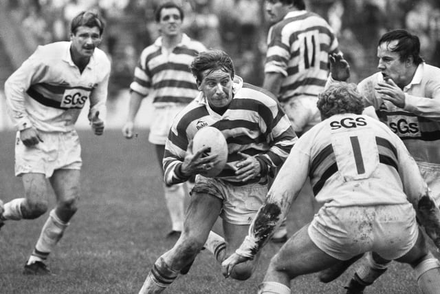 Wigan forward Mick Scott takes on the Bradford Northern defence in a league match at Central Park on Sunday 10th of October 1982.
Wigan won 12-4.