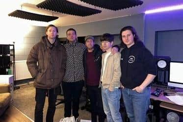 From left to right: Lewis Bolton, Jake Kelly, Mark Frith, Jake Dorsman and Will Watts in the studio