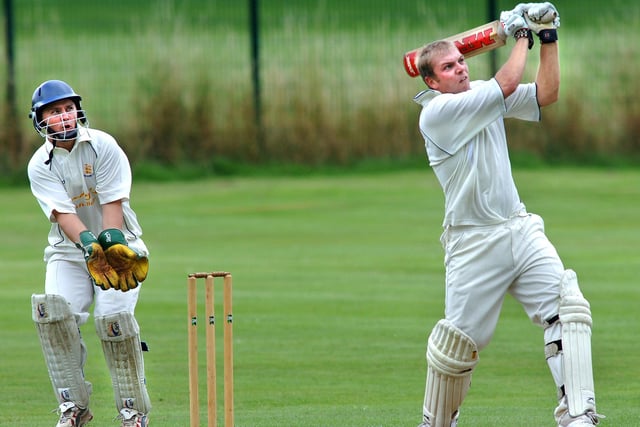 Marc Birch hits out aggressively during his innings for Hindley against Stretford in a Manchester Association Premier League match on Saturday 2nd of August 2008 which Hindley won.
