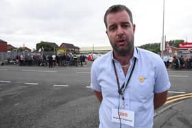 Workers from Pemberton Park and Leisure Homes LTD, Woodhouse Lane, Wigan, on the second day of strike action.  Steven Whittle GMB regional organiser.