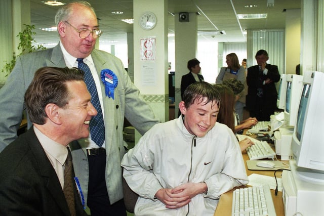 Former Tory Defence Minister, Michael Portillo, chats to a young student during a visit to Wigan College as part of his backing for Conservative candidate, Tom Peet, in the upcoming local by election in September 1999.