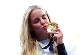 Gold medallist Keely Hodgkinson on the podium during the women's 800m medal ceremony at the Olympic Games Paris 2024
