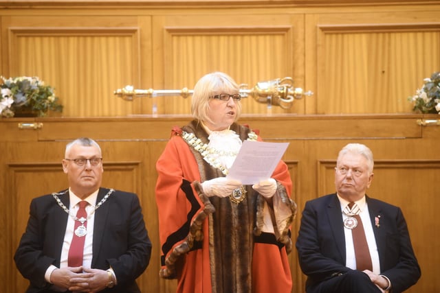 Mayor of Wigan Coun Marie Morgan speaks at the ceremony.