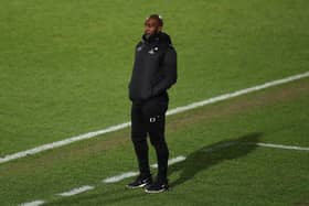 Darren Moore, manager of Doncaster Rovers, looks on during the Sky Bet League One match between Doncaster Rovers and Rochdale at Keepmoat Stadium on January 19, 2021.