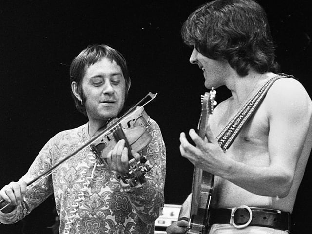Violinist Dave Swarbrick of Fairport Convention at the 1977 July Wakes Folk Festival at Park Hall, Charnock Richard, on Saturday 16th of July.
