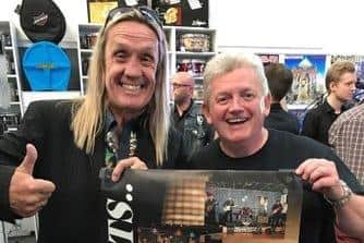 Nicko McBrain with Lankykats sound engineer Dave Cavey