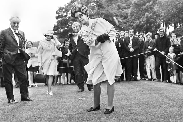 The Mayor of Wigan, Coun. Ethel Naylor, with a putter in hand to launch the first drive after she officially opened the new Haigh golf course on Wednesday 24th of May 1972.  Picture by Harold Farrimond