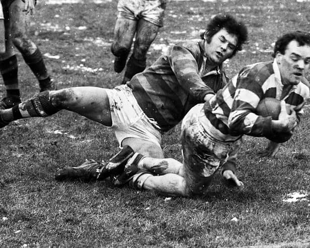 Wigan scrum-half Gary Stephens plunges over for his very first try for the club in the Division 2 match against Dewsbury on Sunday 22nd of February 1981. Wigan won 35-11 in their one and only season in Division 2.