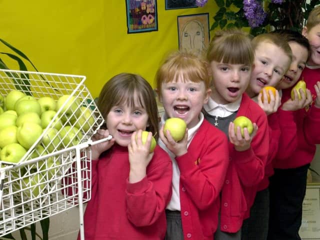 Pupils at Hindley Green Community Primary School promote eating five-a-day as fruit is given out at school.
