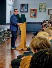 Andy Burnham speaking to Y9 students