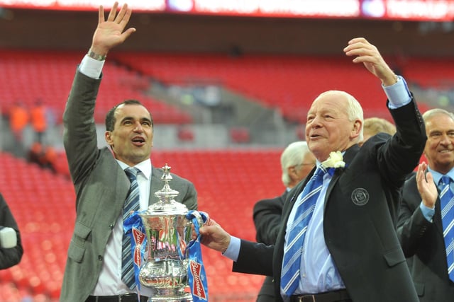 Wigan Athletic manager, Roberto Martinez and chairman Dave Whelan celebrates the historic win.