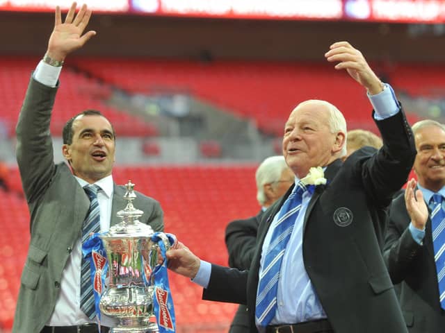 Wigan Athletic manager, Roberto Martinez and chairman Dave Whelan celebrates the historic win.