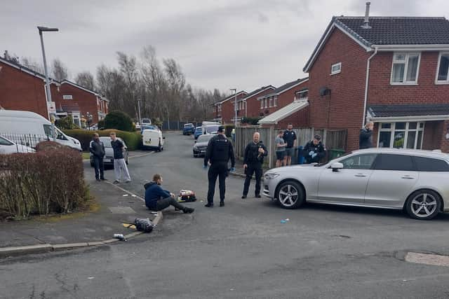 The aftermath of an incident in Platt Lane, Scholes, in which a woman was seriously injured