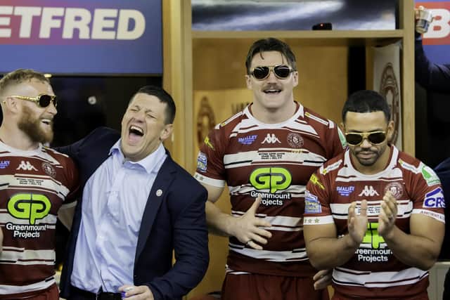Luke Thompson and Matt Peet share a joke after winning the 2024 Super League Grand Final