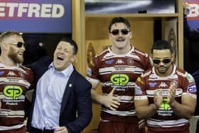 Luke Thompson and Matt Peet share a joke after winning the 2024 Super League Grand Final