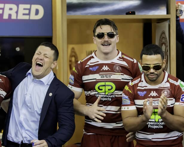 Luke Thompson and Matt Peet share a joke after winning the 2024 Super League Grand Final