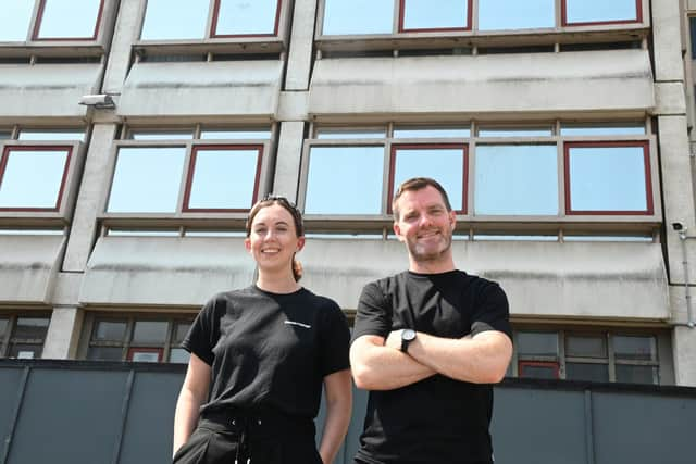 Sabine Dunstan Capital&Centric development manager and Tim Heatley founder of Capital&Centric  outside Wigan Civic Centre.