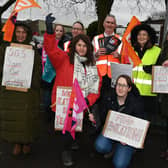 Teaching staff and supporters of the NE) on the picket line outside St Paul's CE Primary School in Goose Green