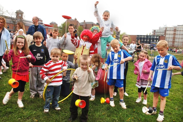 Youngsters practise their circus skills at the Hope in Wigan event on the Mesnes Field on Bank Holiday Monday 5th of May 2008.
The week long festival was organised by the town's churches and all the events were free.