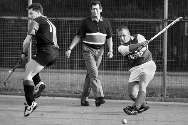 Action from the match between Wigan Hockey Club and Bowden in the Ernst and Young Northern Premier League at Robin Park on Saturday 30th of October 1993.
The game ended as a 0-0 draw.