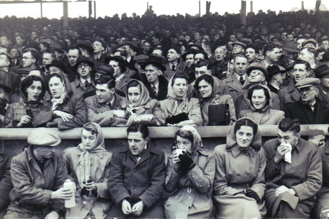 Wigan fans at Central Park on Good Friday 1951 for the Wigan v St. Helens clash which Wigan won.