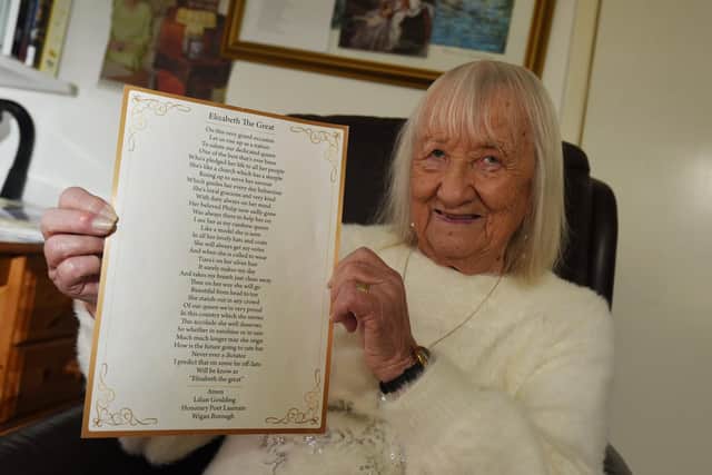 WIGAN - 11-02-22 Wigan's honorary poet laureate Lilian Goulding, 92, has written a poem and sent it to the Queen, celebrating her platinum jubilee and was delighted to receive a letter back.