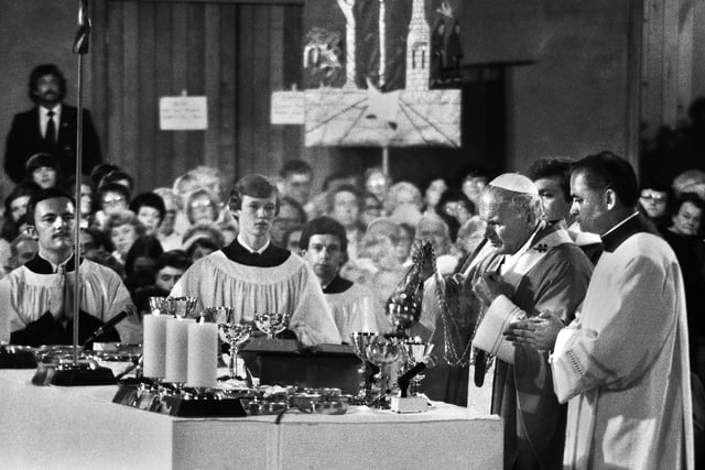 Pope John Paul 11 celebrates Mass at the Metropolitan Cathedral of Christ the King during his visit to Liverpool on Sunday 30th of May 1982.