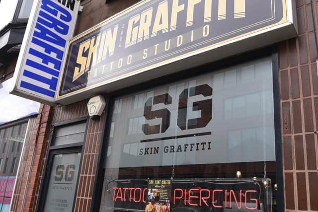 Exterior of Skin Graffiti Tattoo Studio, Wigan,  - as they hosts Ajarn Ohr, a Sak Yant Master from Thailand, using traditional methods to create tattoos and blesses them.