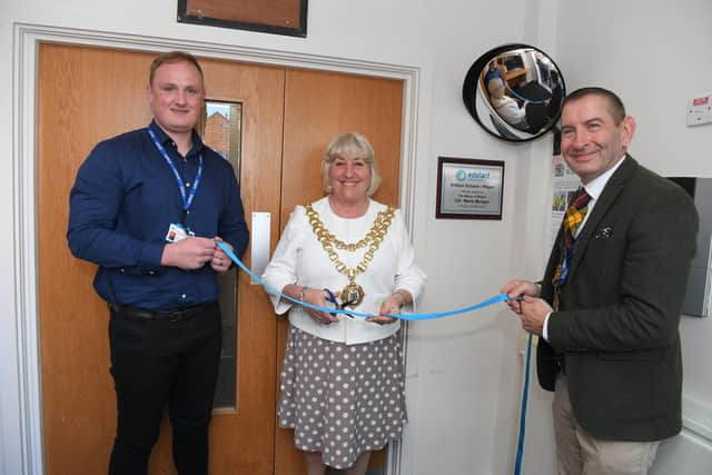 The Mayor of Wigan, Coun Marie Morgan officially open Edstart in Marsh Green, with headteacher and former Rugby League player Stuart Howarth (left) and James Lowe (right).