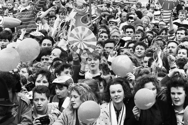 Wigan fans waiting at Central Park for the team's homecoming on Sunday 30th of April 1989.