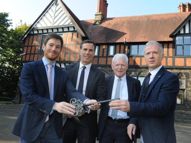 The launch of The Sports Office based at the former rectory of Wigan parish church, Wigan Hall. From left, Viscount Newport gives the key to the estate to business owners Phil Clarke, Ian Lenagan and Andy Clarke