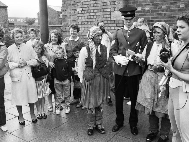 Annabel Croft during a break in filming with actors from The Way We Were and curious onlookers of Channel Four television's "Treasure Hunt" from Wigan Pier on Tuesday 19th of July 1988.