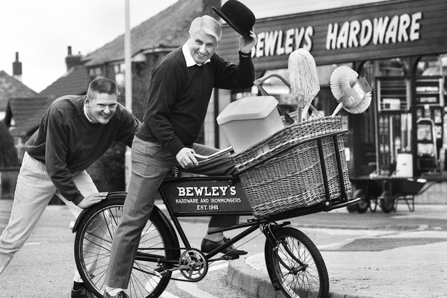 Roger Bewley spotted this old bicycle in an advertisement and spent months secretly renovating it as a Christmas present for his parents Brian and Cynthia.
Here he gives a push to dad Brian, owner of Bewleys Hardware shop on Miles Lane, Shevington, on Wednesday 8th of January 1992.