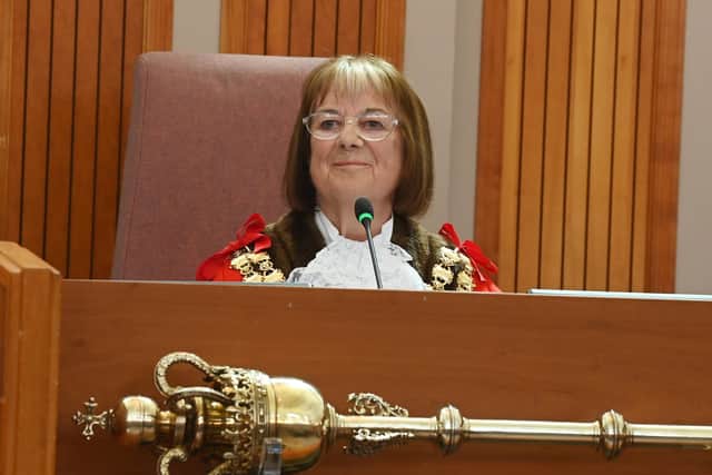 Coun Jenny Bullen takes her seat at the Mayor Making ceremony at Wigan Town Hall