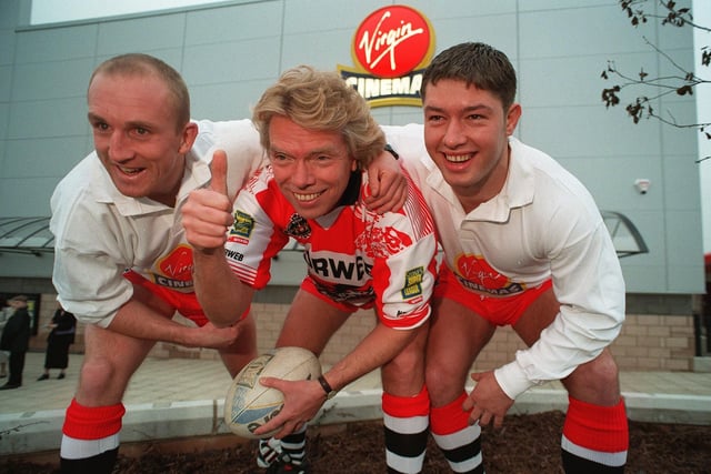 Richard Branson opens Wigan's Virgin Cinema with Wigan RL captain Shaun Edwards, left, and new signing Stephen Holgate