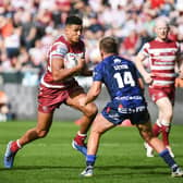 Kai Pearce-Paul in action against Hull KR at the DW Stadium during the Super League semi-finals