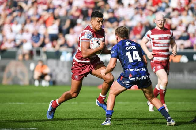 Kai Pearce-Paul in action against Hull KR at the DW Stadium during the Super League semi-finals