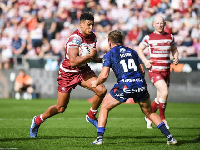 Kai Pearce-Paul in action against Hull KR at the DW Stadium during the Super League semi-finals