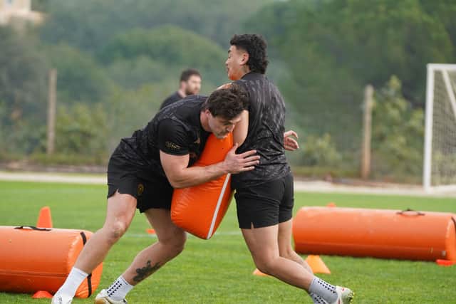 Tiaki Chan, pictured above training in Portugal with Liam Byrne, made his first appearance for the Warriors against Midlands Hurricanes